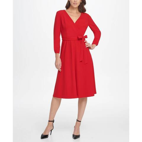 DKNY Women's Ruched Sleeve Surplice Fit & Flare Dress Red Size 16