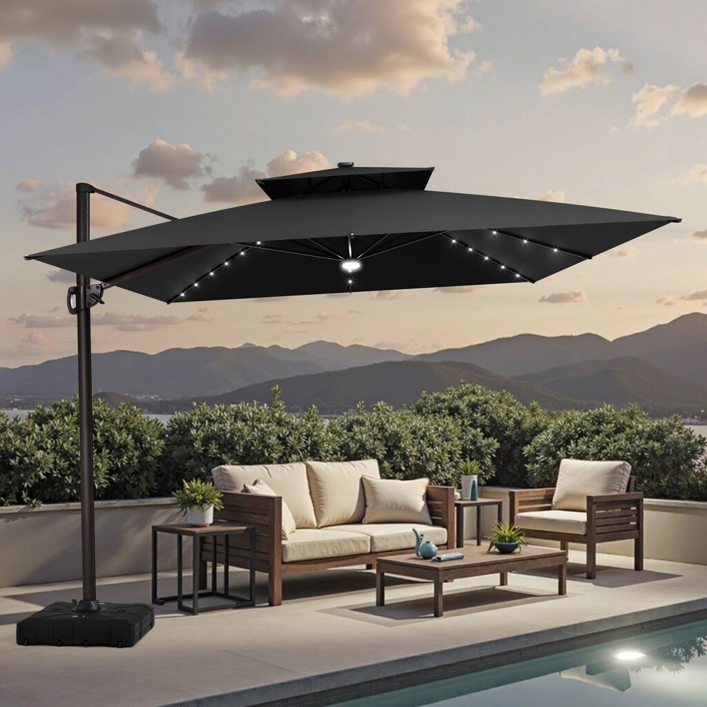 11 FT Solar-Powered LED Patio Cantilever Umbrella with Double Canopy and Base