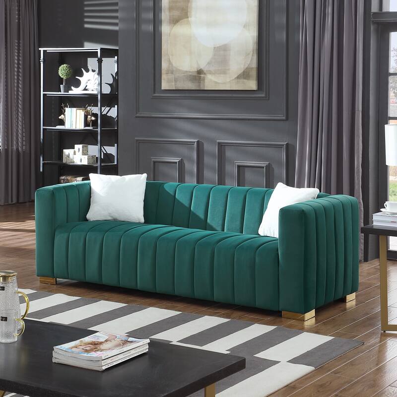 Velvet Channel Tufted 3-seater Sofa with Pillows
