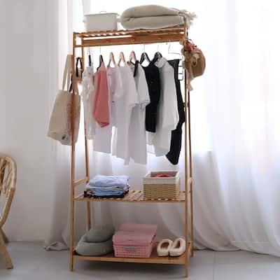 Bamboo Garment Coat Clothes Hanging Heavy Duty Rack with Top Shelf - 31 in. x 65 in.x 17 in.