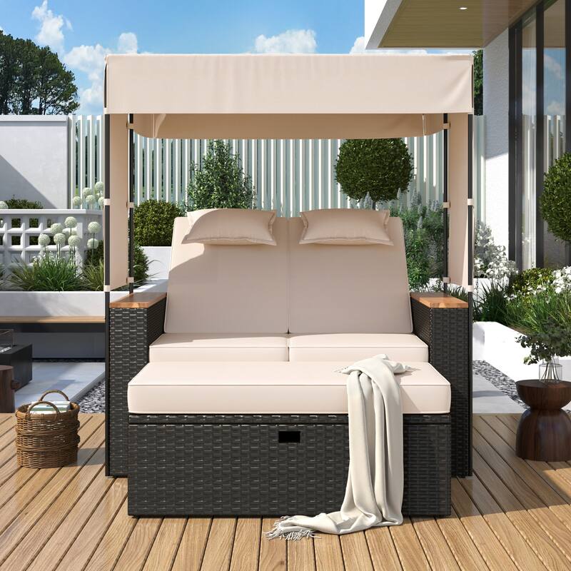 2-Piece Outdoor Rattan 5 Positions Daybed with Bench & Cushions