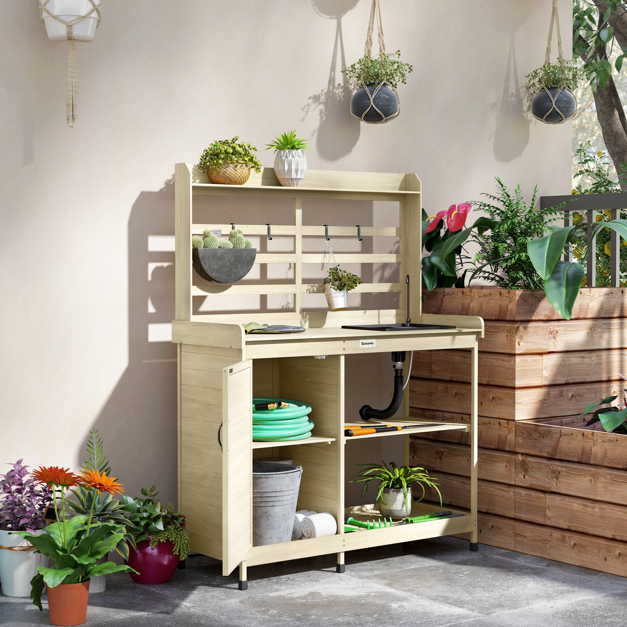Outsunny Wooden Potting Bench, Outdoor Potting Table with Storage Cabinet, Storage Shelves, Sink