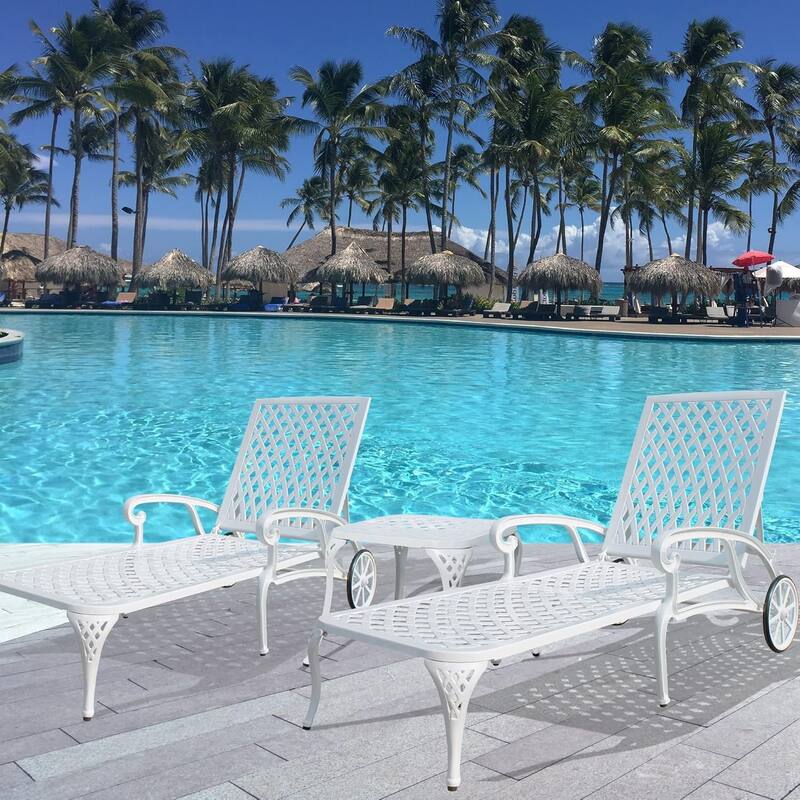 HOMEFUN Aluminum Outdoor Waterproof Chaise Lounge Chair with Adjustable Backrest and Wheels - White-3PC