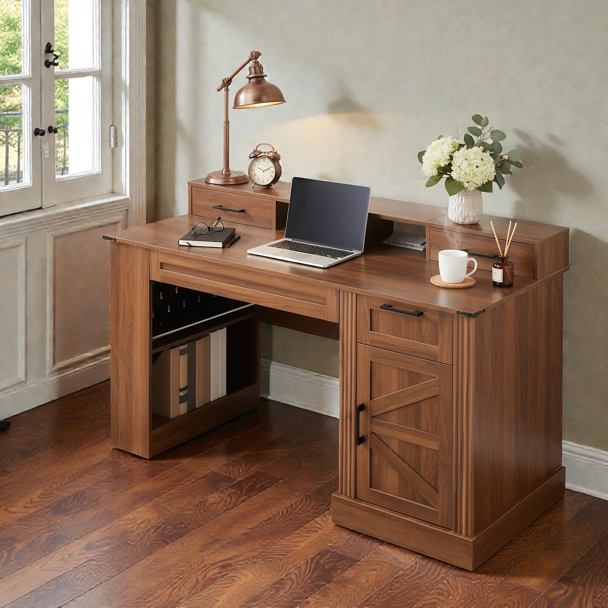 55 Inch Farmhouse Office Desk with Storage Cabinet and Charging Station, Barn Door Computer Desk with Monitor Stand