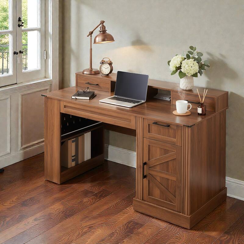 55 Inch Farmhouse Office Desk with Storage Cabinet and Charging Station, Barn Door Computer Desk with Monitor Stand - Brown