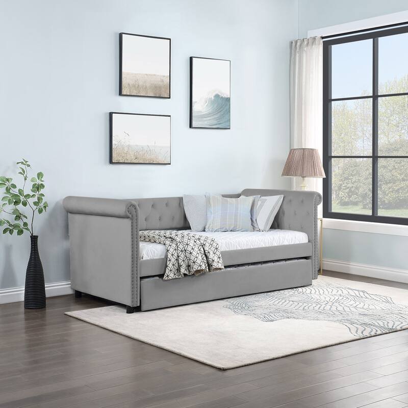 Grey Twin Upholstered Tufted Velvet Daybed with Trundle & Round Armrests