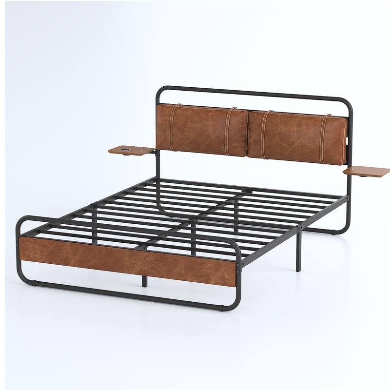 King Size Modern Metal Platform Bed with Upholstered Headboard and wireless charging