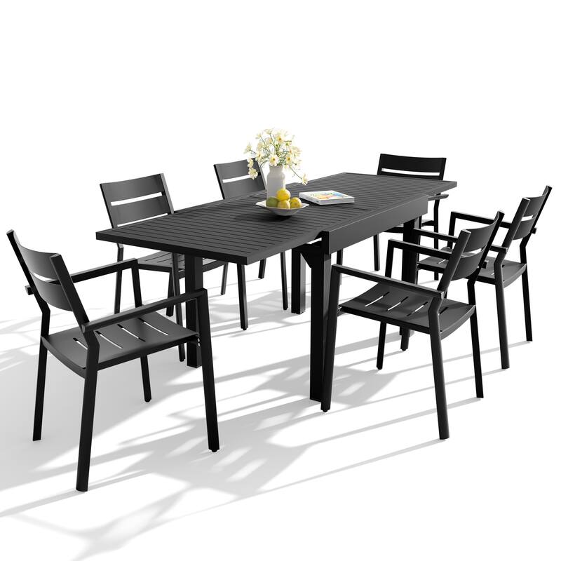 VredHom 7-PC Outdoor Patio Aluminum Expandable Rectangle Table Dining Set with Chairs - Black