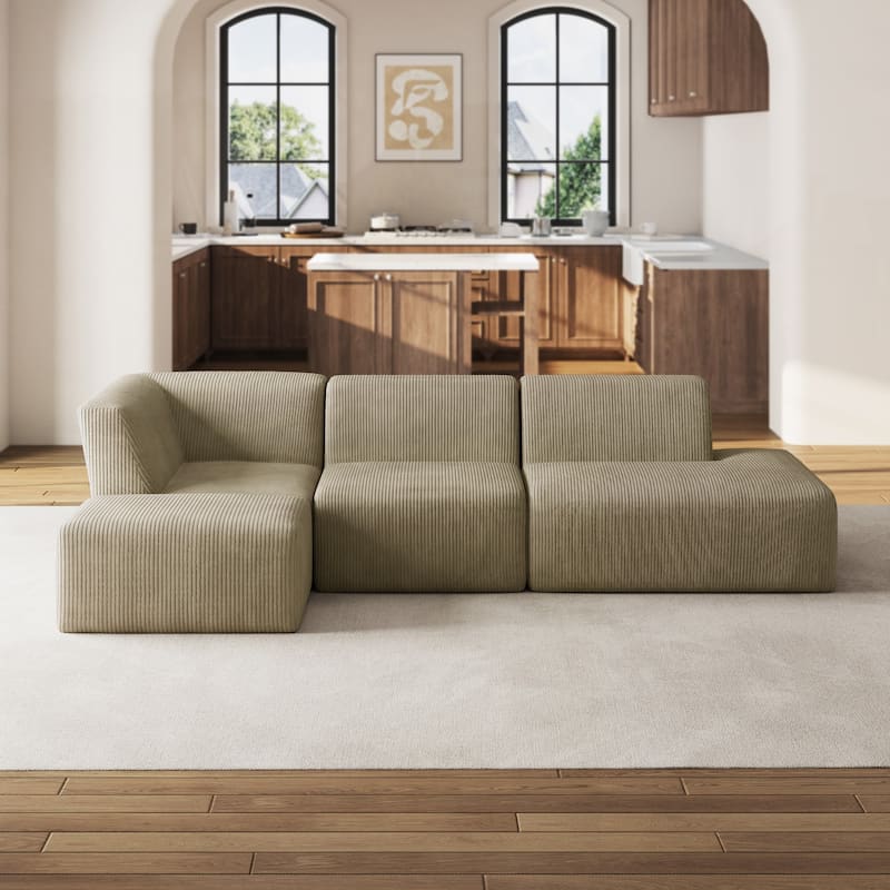 Corduroy Fully Sponge Molded Modular Sectional Sofa with Ottoman - Khaki-4 Piece - Right Facing