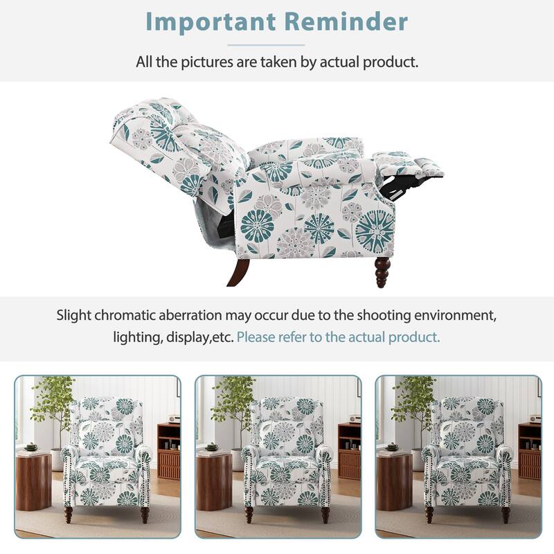 Roomfitters Push Back Recliner Armchair with Wing Back and Nailhead Trim, White and Blue Pattern