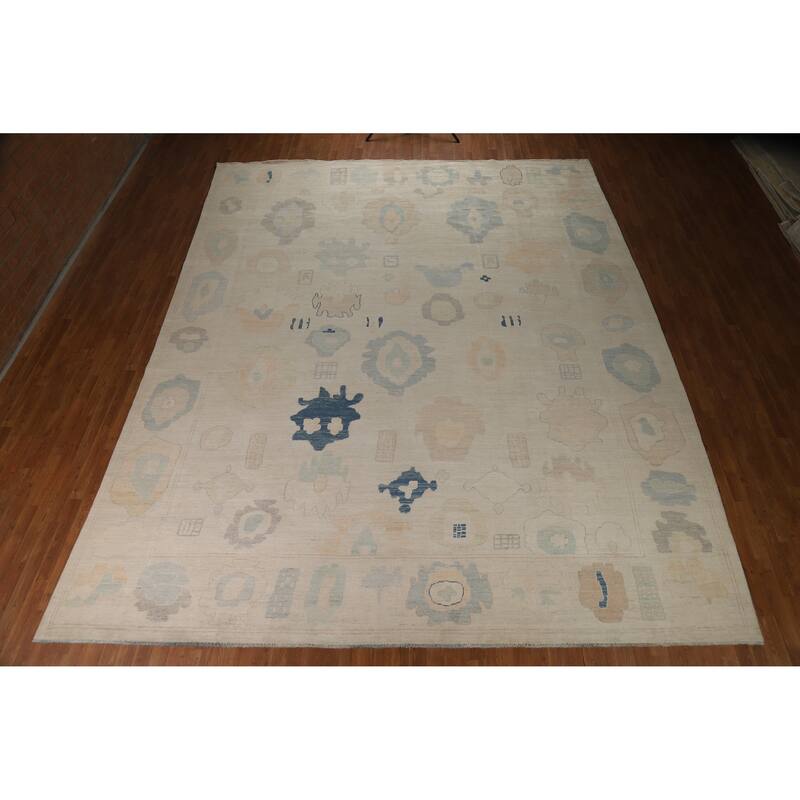 Hand Knotted Oriental 100% Wool Carpet Transitional All-Over Beige & Ivories Oushak Area Rug - 14' 8'' X 11' 10''