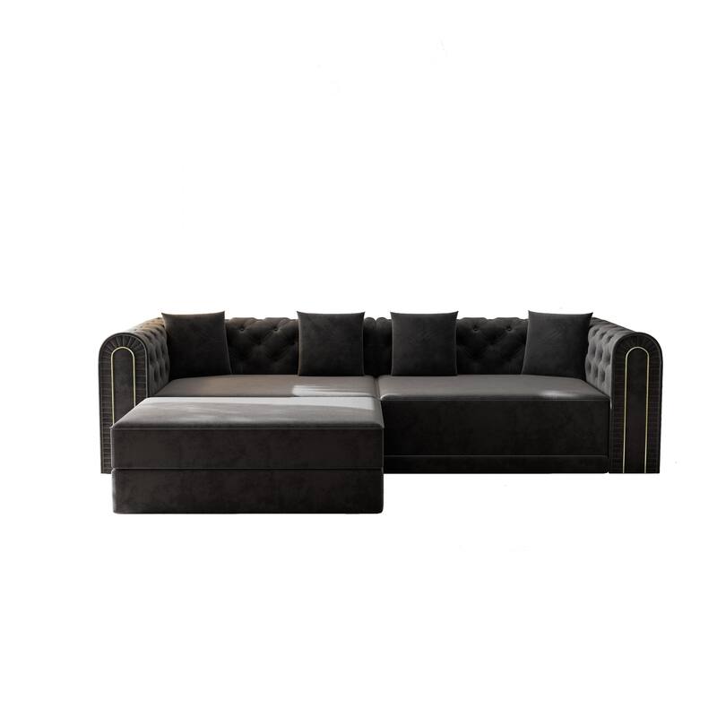 90.6" Velvet Pull Out Sofa Bed, 3-in-1 Convertible Sleeper Sofa with Movable Ottoman, Modern Button Tufted Chesterfield Sofa