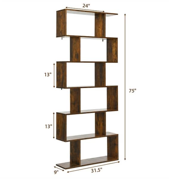 dimension image slide 0 of 3, Gymax 2 PCS 6 Tier S-Shaped Bookshelf Storage Display Bookcase Z-Shelf - 31.5'' x 9'' x 75''
