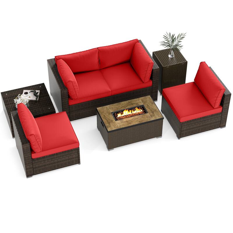 Gymax Set Of 7 Furniture Set w/32'' Fire Pit Table & Propane Tank - Red