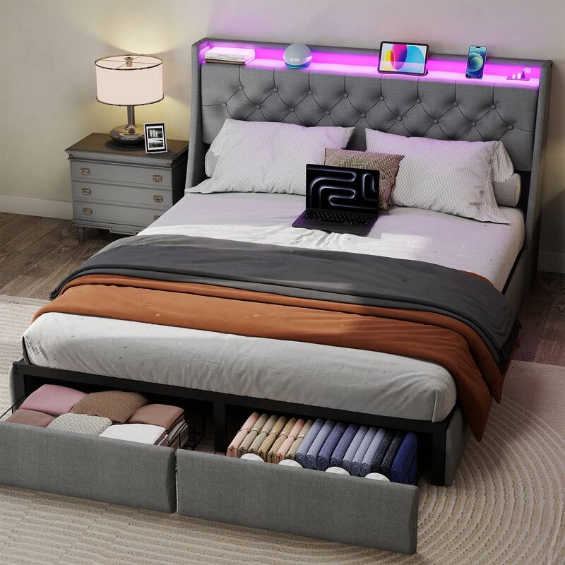 Full Size/Queen Size Bed Frame, Upholstered Platform Bed with RGB LED Light Storage Headboard & USB Charging Station