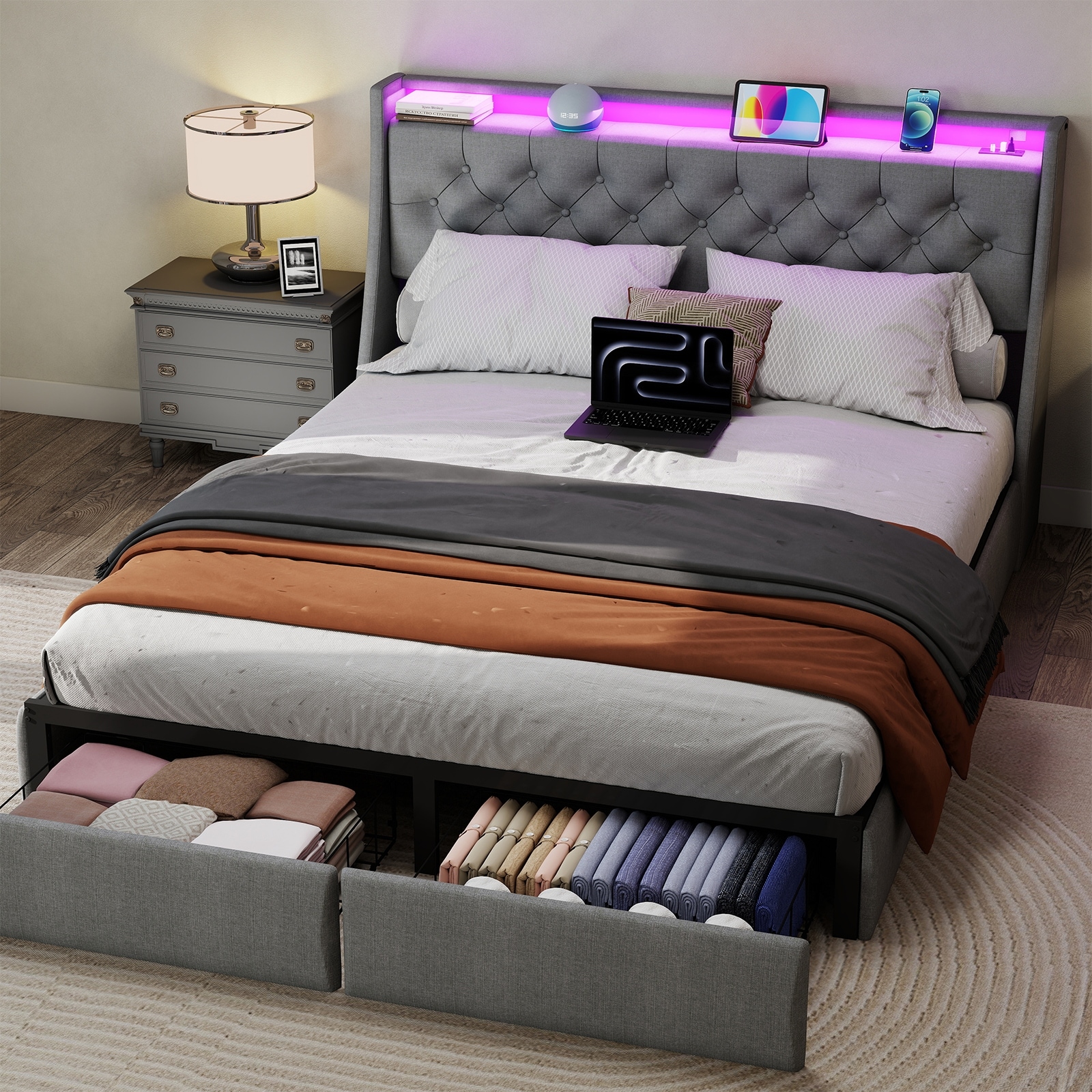 Queen Size Bed Frame With Storage Headboard, RGB LED Light And USB Charging Station
