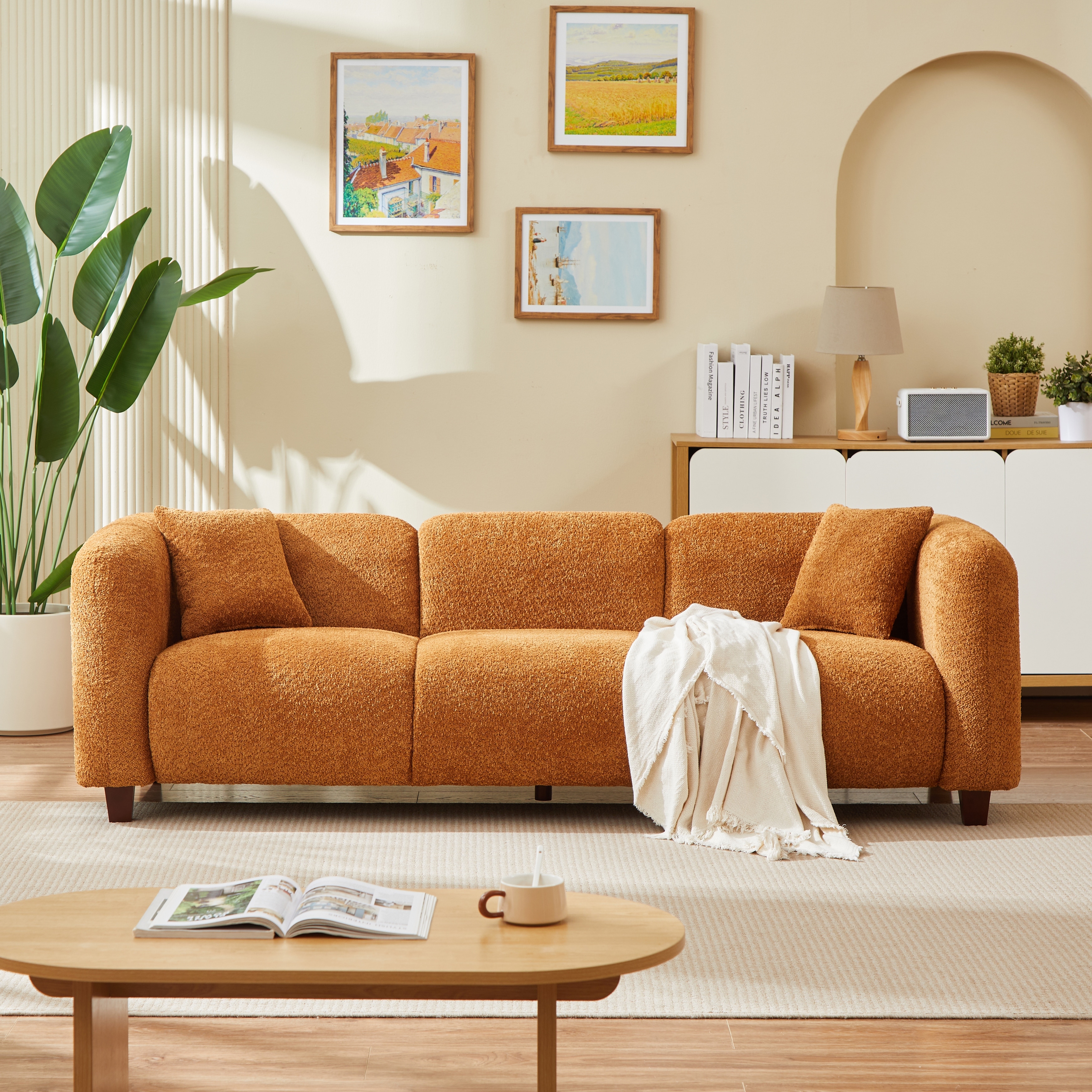 Christopher Knight Home - Halston 3-Seater Sofa, Boucle Upholstered Frame with Rounded Arms and Deep Seating