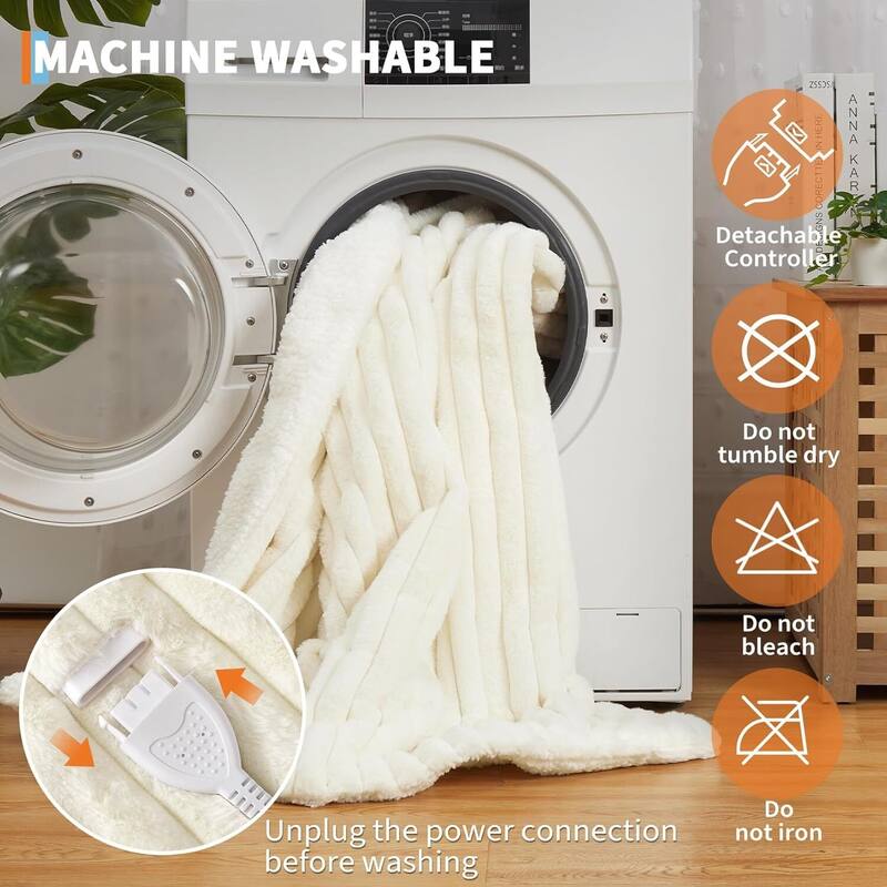 Cozy Faux Rabbit Fur Electric Blanket Heated Throw, Beige
