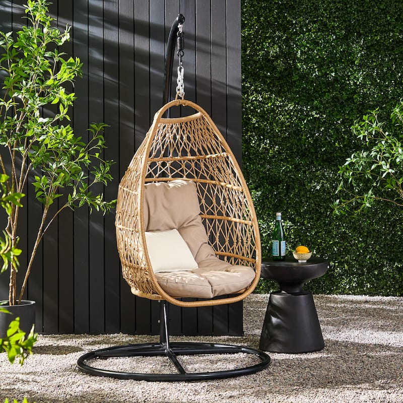 Elmcrest Outdoor Wicker and Rope Hanging Chair with Stand by Christopher Knight Home - 400 lb limit - Light Brown/Tan/Black