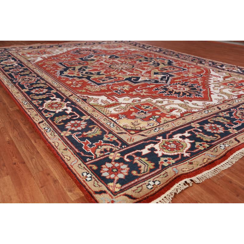 Hand Knotted Oriental 100% Wool Carpet Traditional Medallion Oranges & Rust Heriz (serapi) Area Rug - 11' 10'' X 9' 0''