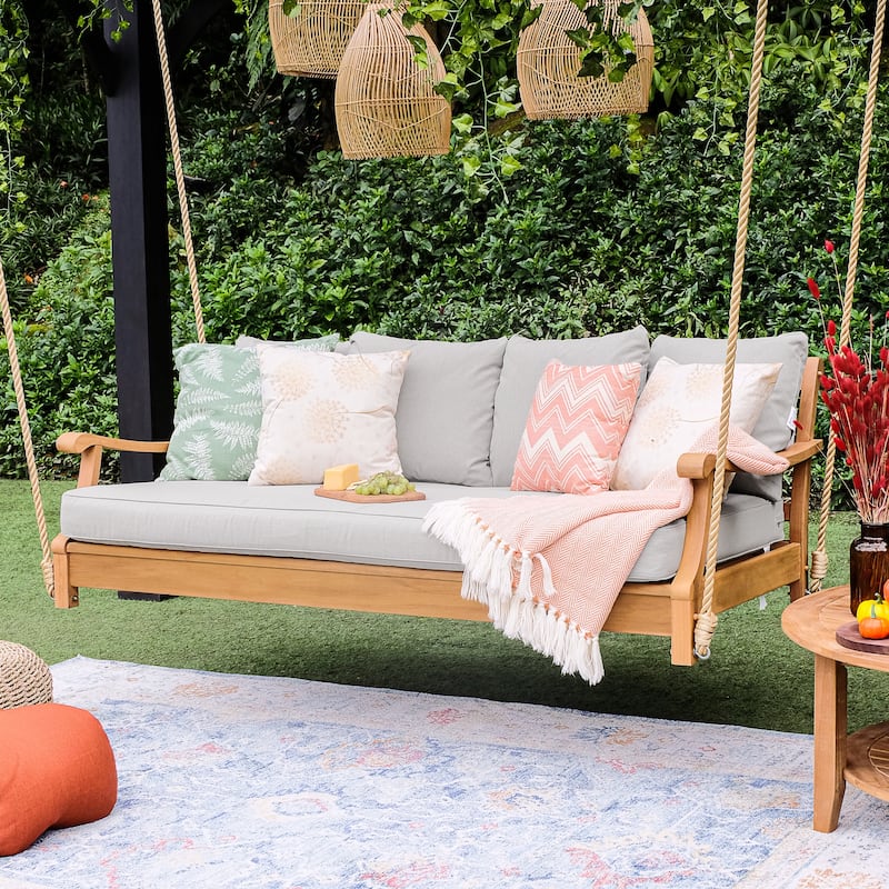Cambridge Casual Robin Teak Patio Porch Swing Daybed FREE 4-piece Pillow - Natural Teak/Oyster Cushion