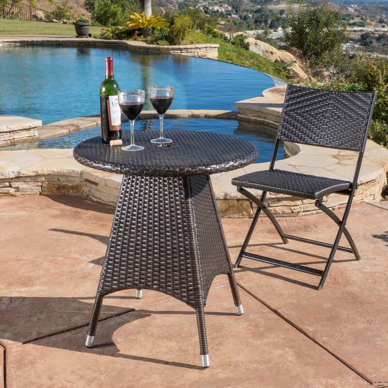 Round Brown Rattan Bistro Table 28 Inch Outdoor PE Wicker Iron Base - Brown Multi