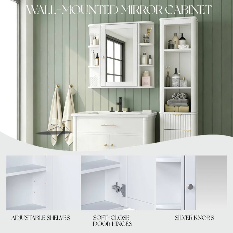 Bathroom Wall Storage Cabinet with Mirror, with Adjustable Wood Shelf & Doors, Mounted Storage Cabinets with 6 Open Shelves
