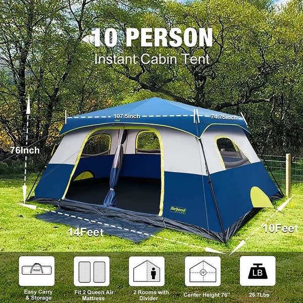 Instant Cabin Tent, 8 Person/10 Person Camping Tent with Rainfly