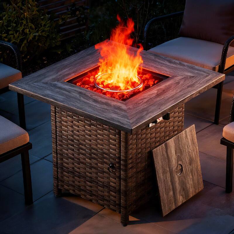 30 in. Square Brown Wicker and Metal Propane Gas Outdoor Fire Pit Table with Lava Rocks, 50000 BTU