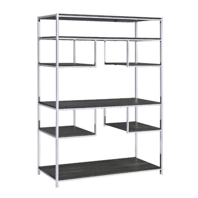 Etagere Bookshelf with 7 Shelves and Geometric Pattern,Silver and Dark Gray