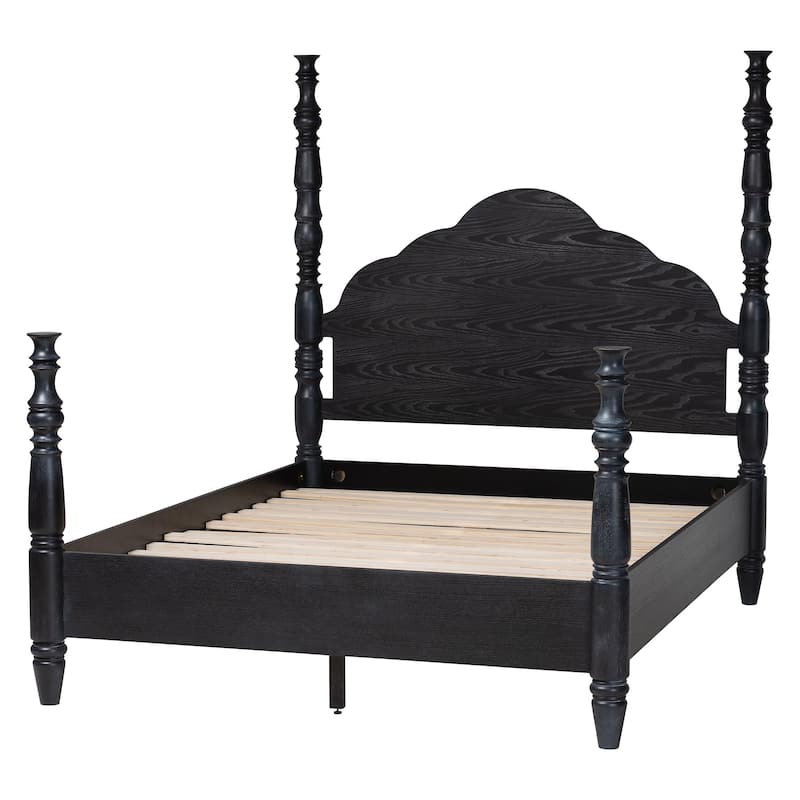Baxton Studio Martino Four-Poster Platform Bed - Sculpted Post Bed Frame with Panel Headboard, Vintage Spindle Bed