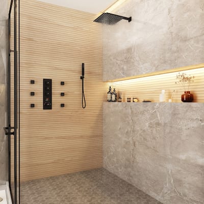CASAINC 12 Inch Wall Mounted Square Shower Head Shower System with Handheld Shower Body Digital Display Shower 6 Body Jet