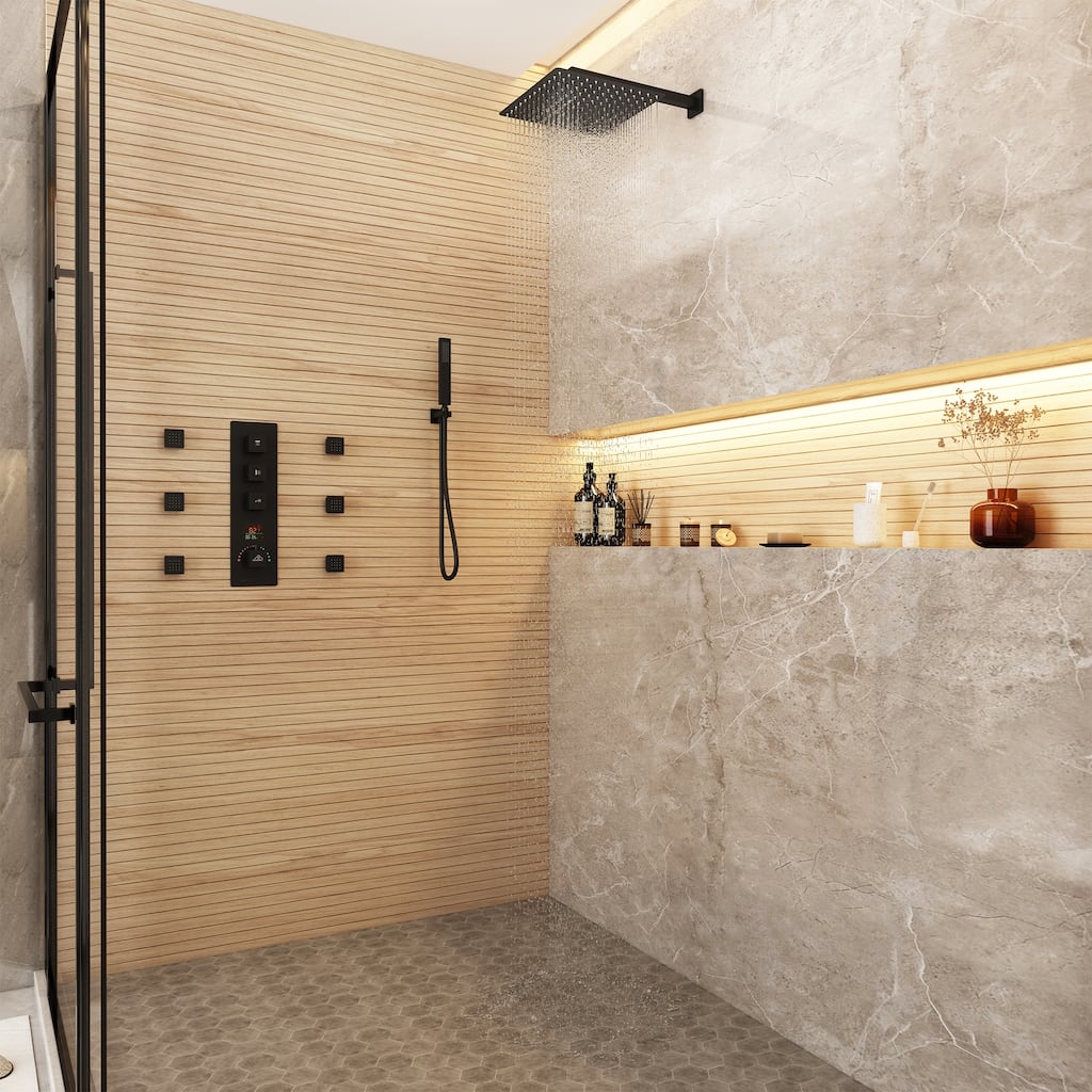 CASAINC 12 Inch Wall Mounted Square Shower Head Shower System with Handheld Shower Body Digital Display Shower 6 Body Jet