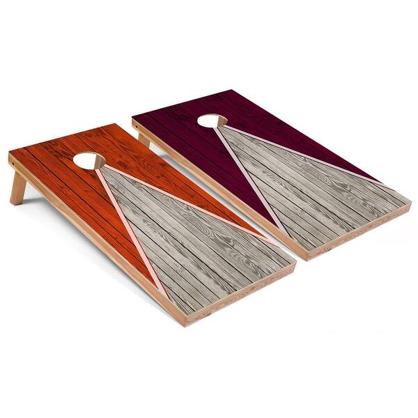 slide 2 of 5, Orange and Maroon Pyramid Cornhole Boards with Carry Case 16 Years and Up