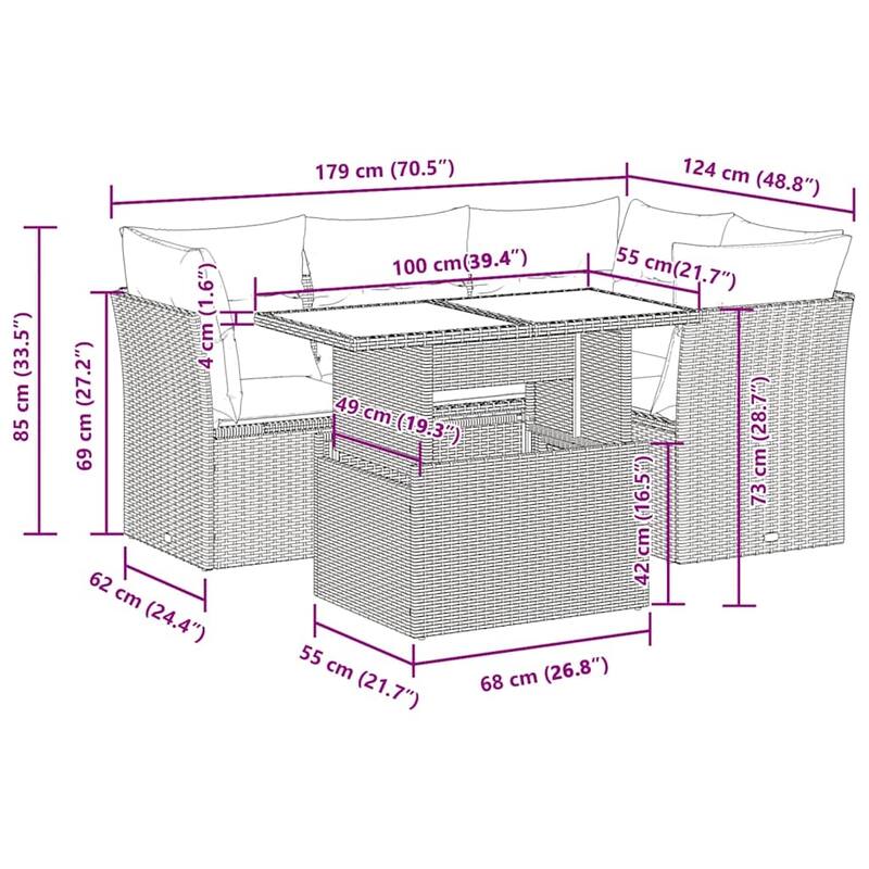 vidaXL Patio Sofa Set with Cushions Outdoor Furniture 5 Piece Poly Rattan