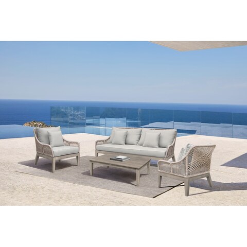 Almeria 4 Piece Outdoor Patio Furniture Set in Acacia Wood and Rope with Grey Cushions