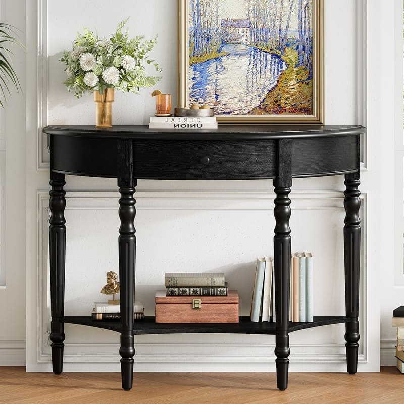 Farmhouse Half Moon Console Table with Drawer and Shelf for Entryway and Living Room Decor