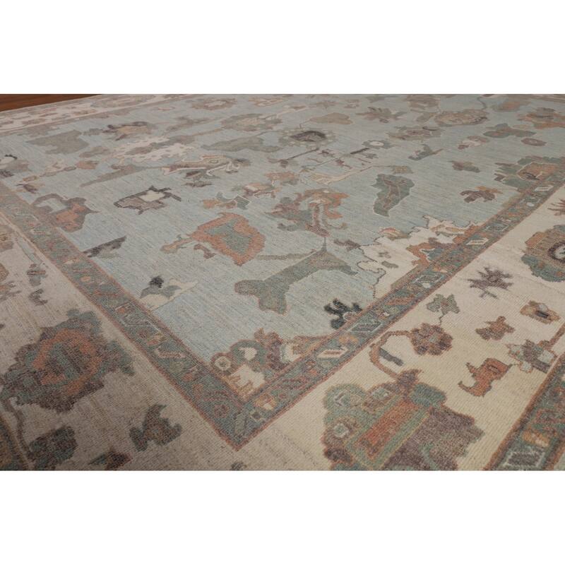 Blue Floral Oushak Turkish Area Rug Handmade Wool Carpet - 8'0"x 9'7"