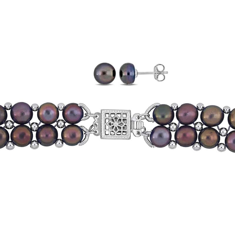 Miadora Black Cultured Freshwater Pearl Double Row Strand Jewelry Set Sterling Silver