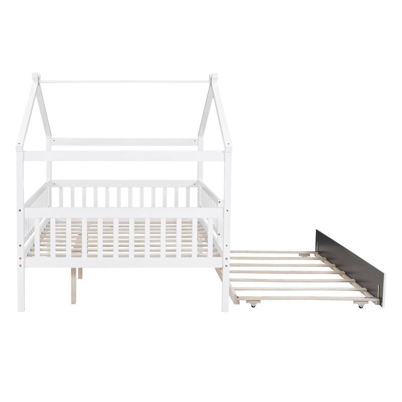 Full Pine House Bed with Trundle, Guardrail & Roof