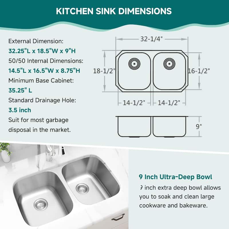 CB HOME Classic 32 inch Undermount Double Bowl Kitchen Sink, PRO Undercounter 32x18 inch 50/50 Stainless Steel Kitchen Sink