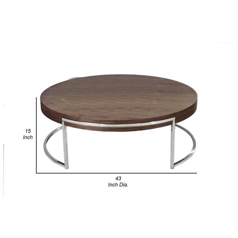 Dami 43 Inch Coffee Table, Round Top, Open Metal Frame, Walnut Brown Finish