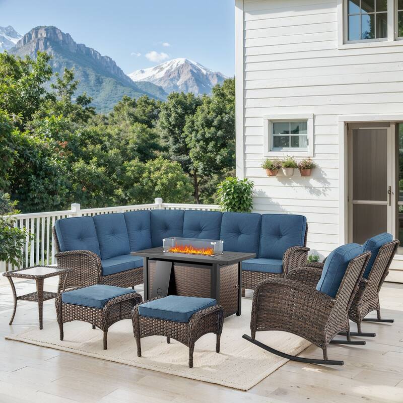Fire Pit Table with Sectional Sofa Rocker Chairs Ottomans - Brown - Blue