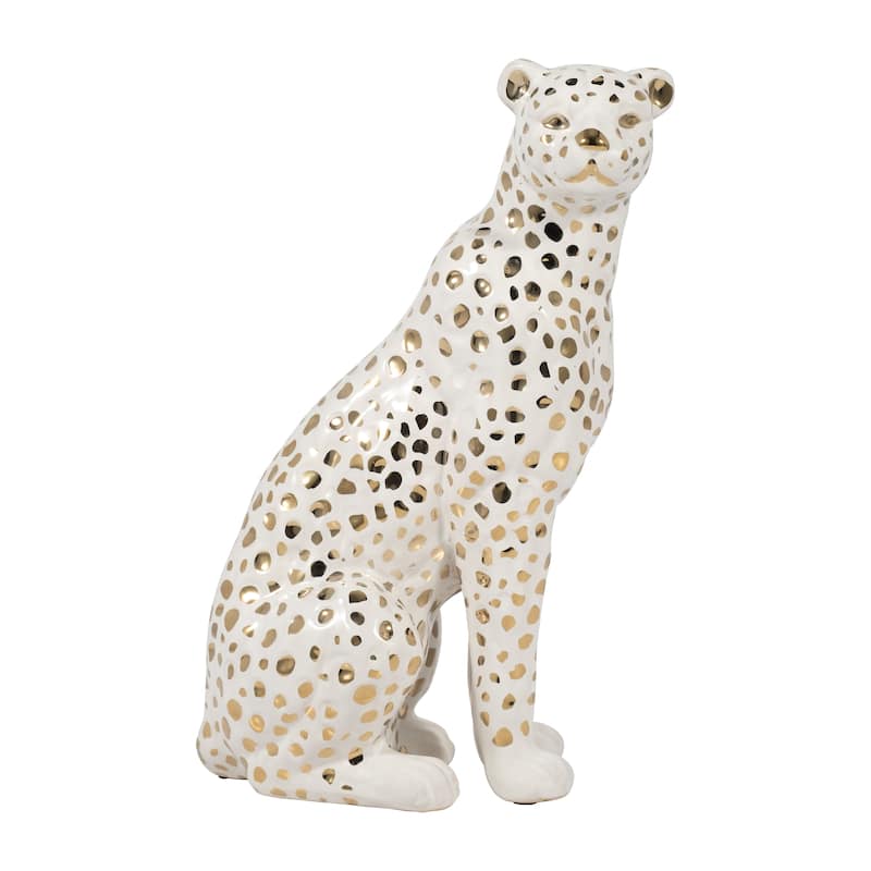 Sagebrook Home 11" Sitting Leopard Sculpture Contemporary Glam Ceramic White and Gold Decorative Animal Figurine - 7" x 4" x 11"