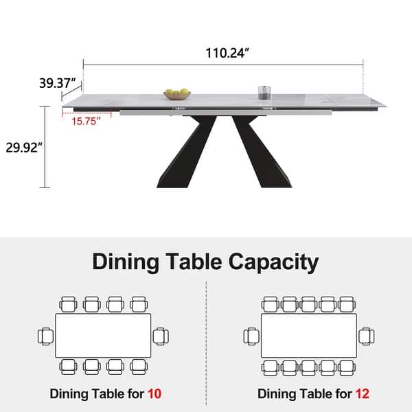 dimension image slide 2 of 5, 110.24" Extendable Rectangular Sintered Stone Double Pedestal Dining Table Seat 8-12