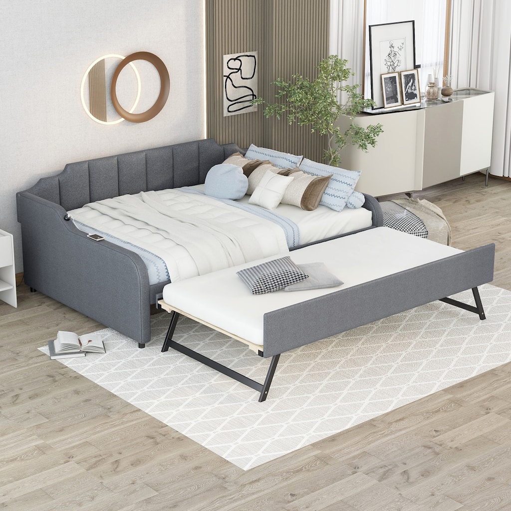 Full Size Upholstery Daybed with Trundle and USB Charging Port, Perfect for Sleepovers