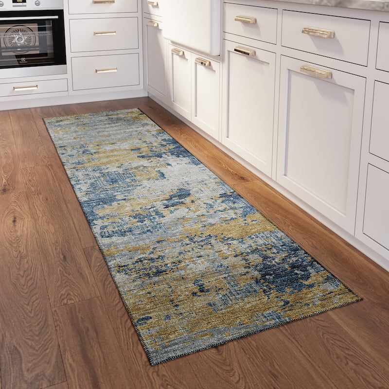 Indoor/ Outdoor Accord Modern Brushstrokes Polyester Washable Rug New - 2'3" x 7'6" Runner - Navy Gold Grey