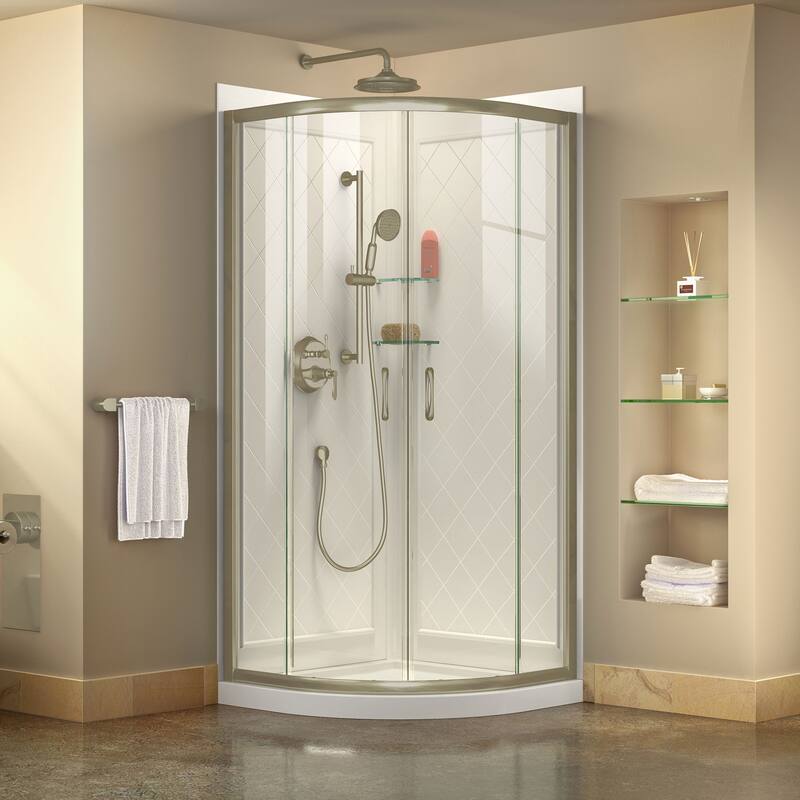 DreamLine Prime 38 in. x 38 in. x 76 3/4 in. H Shower Enclosure, Shower Base and Acrylic Backwall Kit - 38" x 38" - Brushed Nickel; White; Clear Glass