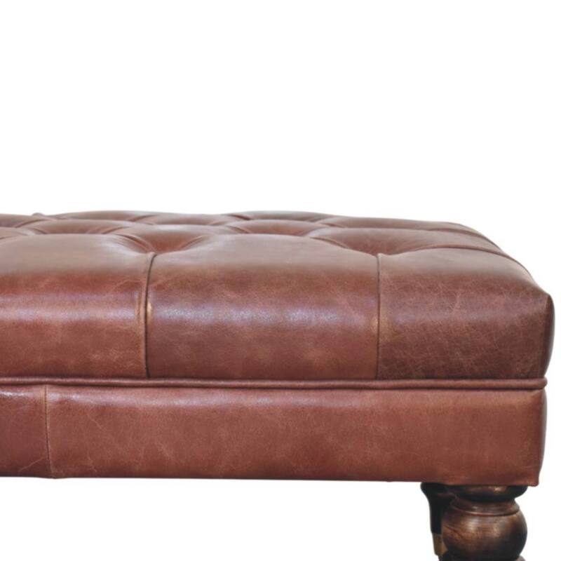 Artisan Furniture Solid Wood Buffalo Brown Leather Ottoman with Castor Legs