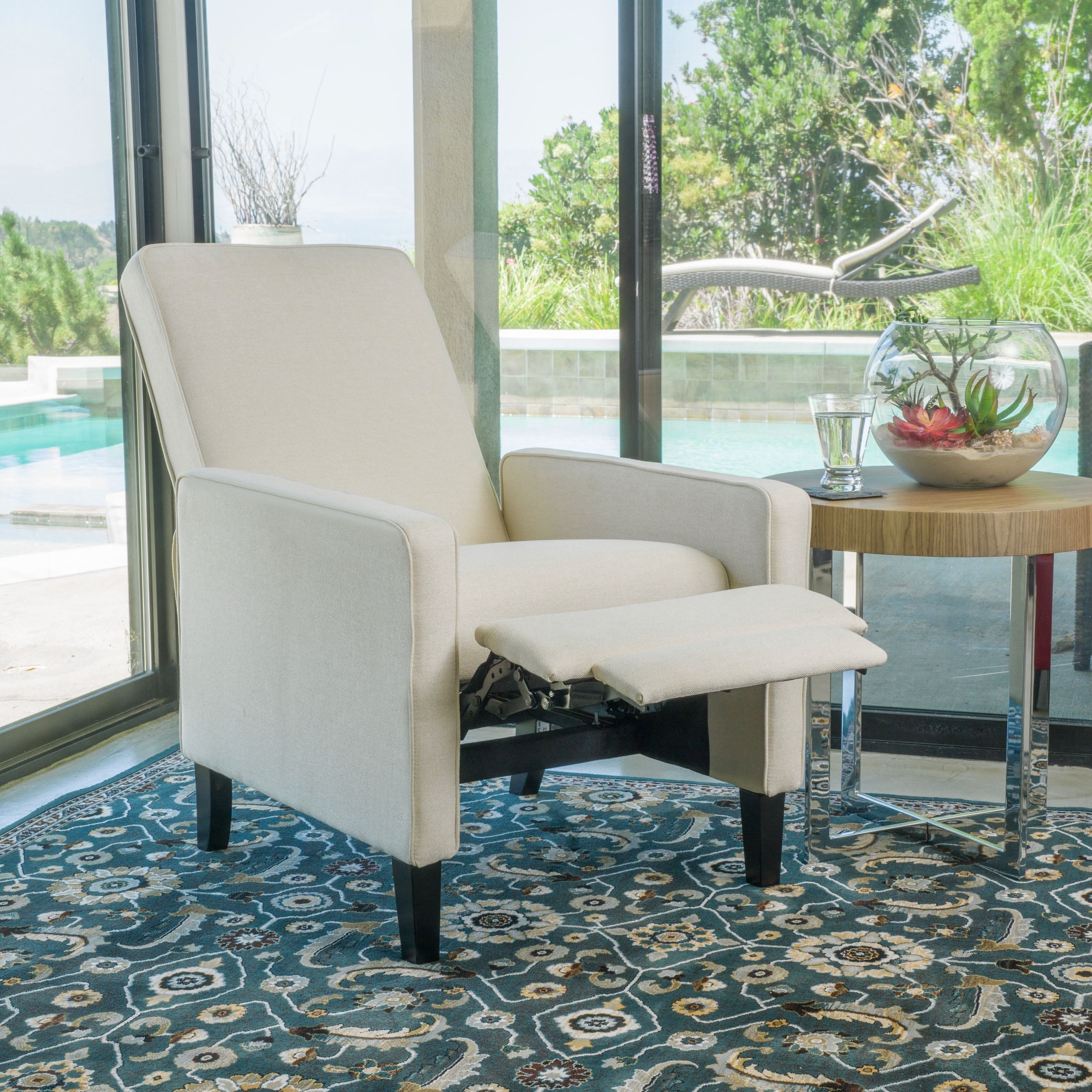 Roomfitters Minimalist Fabric Push Back Recliner Chair with Birch Legs, Beige